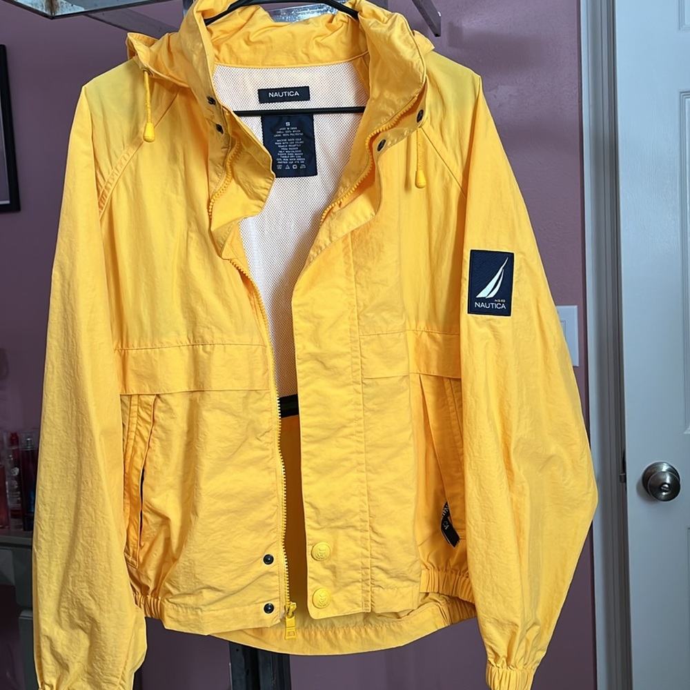 Nautica Jacket Bright Yellow Outdoors Rain Coat Windbreaker Hooded Small